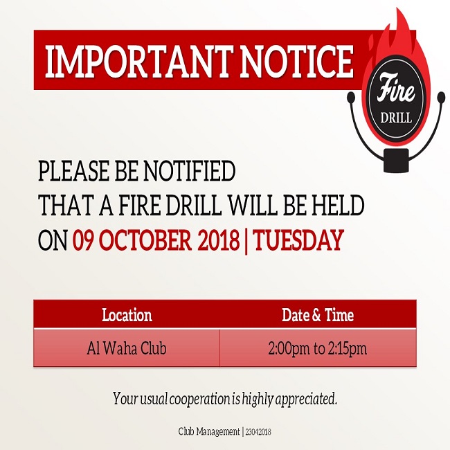Important Notice: Fire Drill Schedule - October 2018